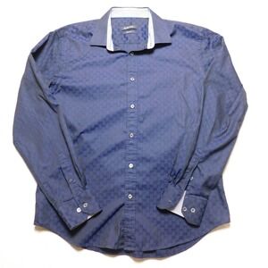 Bugatchi Mens Small Navy Blue Checkered Long Sleeve Button Down Shirt Shaped Fit